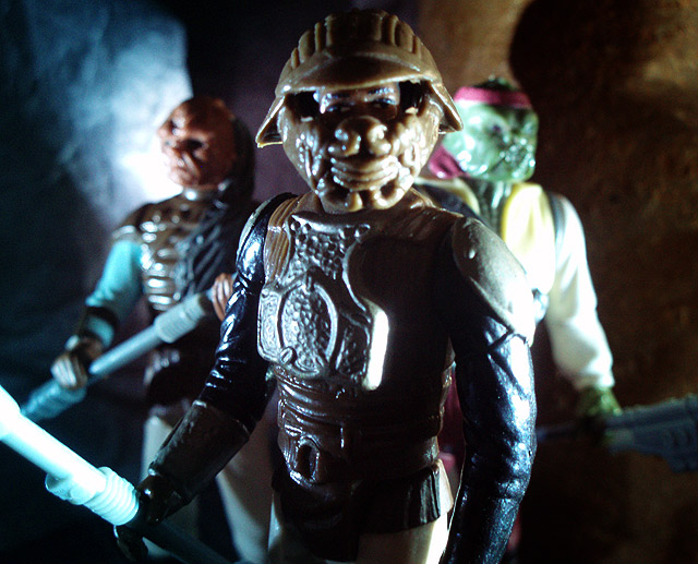 So Quietly Among Them. (Vintage Weequay, Vintage Lando Calrissian Skiff Guard Disguise, Vintage Barada)