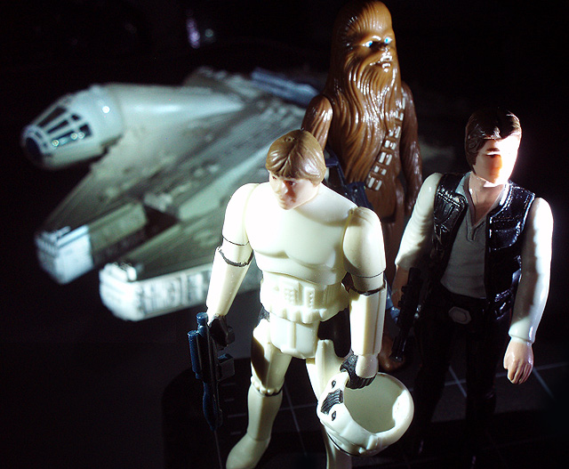This Way Out. (Vintage Luke Skywalker Stormtrooper Disguise, Vintage Chewbacca, Vintage Han Solo, Vintage Millenium Falcon)